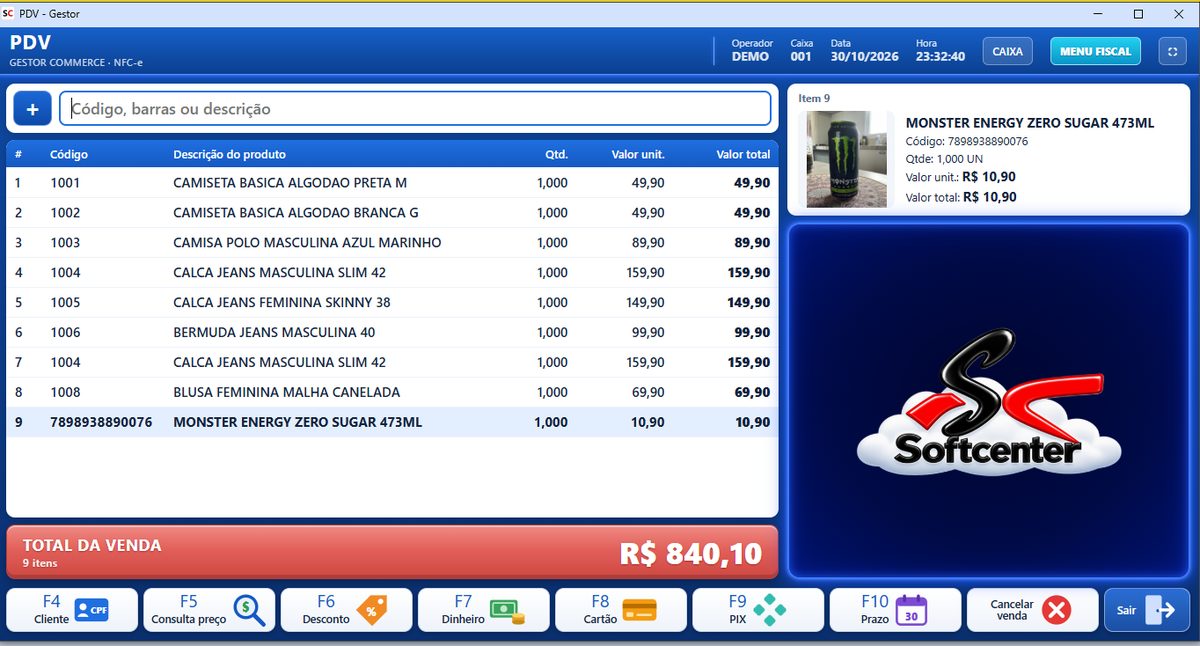Tela do PDV do Gestor Commerce com a venda, a foto do produto e o total