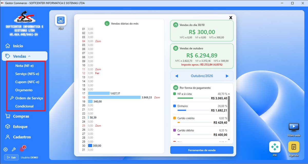 Menu de vendas do Gestor Commerce com NF-e, NFS-e, NFC-e, orçamento, ordem de serviço e condicional